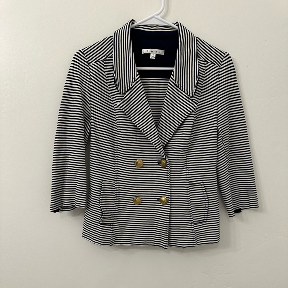 CAbi Black & White Striped Blazer — Gold Buttons - Preppy Nautical Work - small